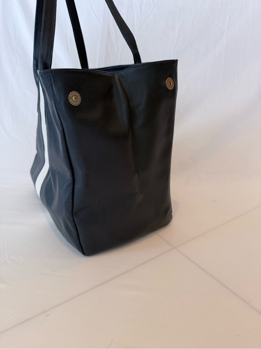Classic Navy Tote with White Center Stripe - Women's 100%  Leather Shoulder Bag - Picture 15 of 16